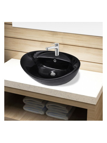 Sonata Керамична овална мивка с преливник и отвор за смесител, черна