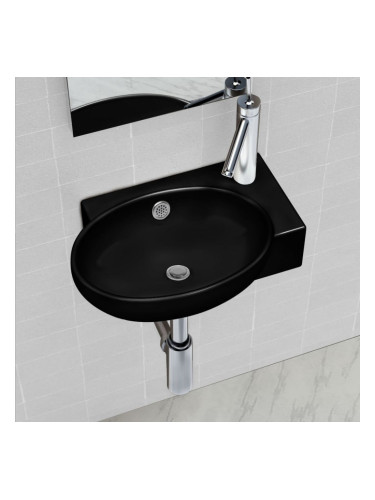 Керамична мивка за баня с преливник, отвор за смесител, черна, кръгла