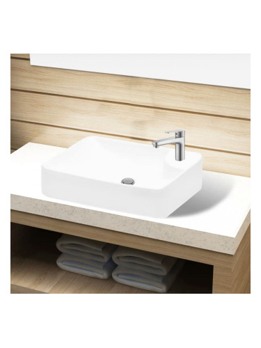 Керамична мивка за баня с корито и отвор за смесител, бяла