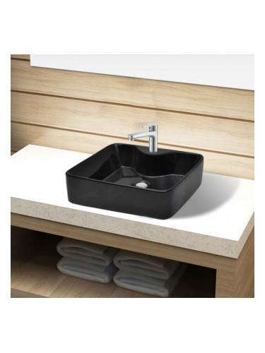 Керамична мивка с отвор за смесител, черна, квадратна