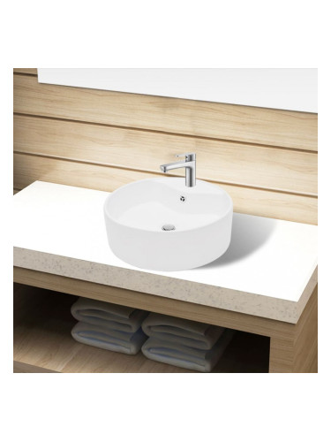 Керамична кръгла мивка с корито, преливник и отвор за смесител, бяла