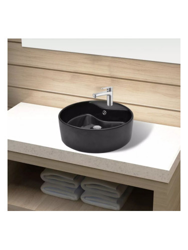 Керамична мивка за баня с преливник, отвор за смесител, черна, кръгла