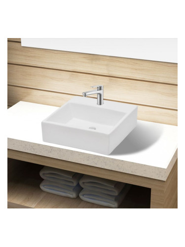 Керамична мивка с отвор за смесител, бяла, квадратна