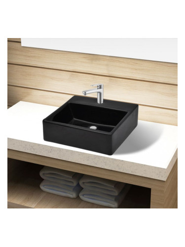 Керамична мивка с отвор за смесител, черна, квадратна