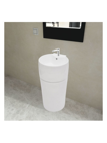 Керамична мивка на стойка, преливник, отвор за смесител, бяла, кръгла