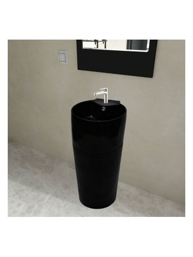 Керамична мивка на стойка, преливник, отвор за смесител, черна, кръгла