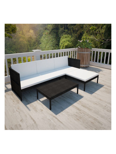 Sonata Градински комплект с възглавници, 3 части, черен полиратан