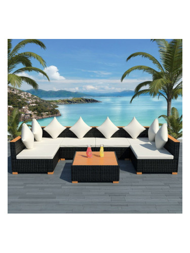 Sonata Градински комплект с възглавници, 7 части, черен полиратан