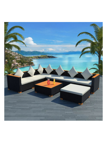 Sonata Градински комплект с възглавници, 8 части, черен полиратан