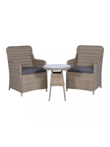 Sonata Бистро комплект, 3 части, с възглавници, кафяв полиратан