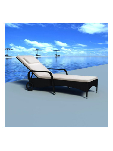 Sonata Шезлонг с шалте и колелца, полиратан, черен