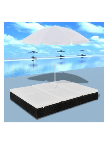 Sonata Градинско лаундж легло с чадър, полиратан, черно