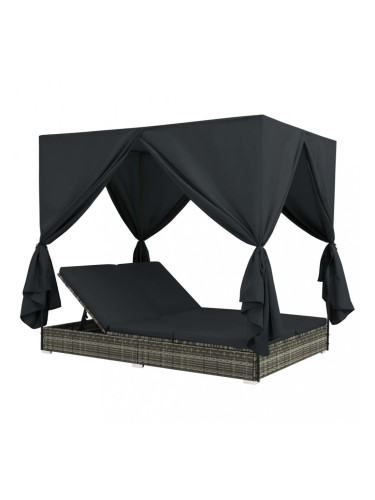 Sonata Градинско лаундж легло със завеси, полиратан, сиво