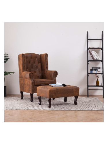 Sonata Фотьойл Честърфийлд с табуретка, кафяв, изкуствен велур