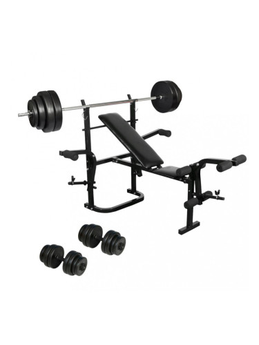 Фитнес комплект: лежанка, щанга, дъмбели, тежести и други