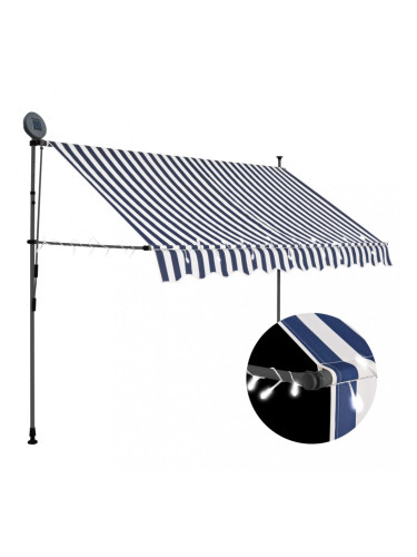 Sonata Ръчно прибиращ се сенник с LED, 250 см, синьо и бяло