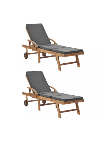Sonata Шезлонги с възглавници, 2 бр, тиково дърво масив, сиви