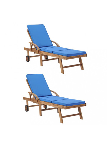 Sonata Шезлонги с възглавници, 2 бр, тиково дърво масив, сини