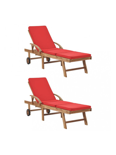 Sonata Шезлонги с възглавници, 2 бр, тиково дърво масив, червени