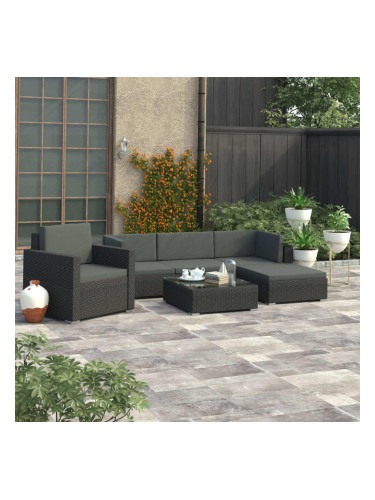 Sonata Градински комплект с възглавници, 6 части, полиратан, черен