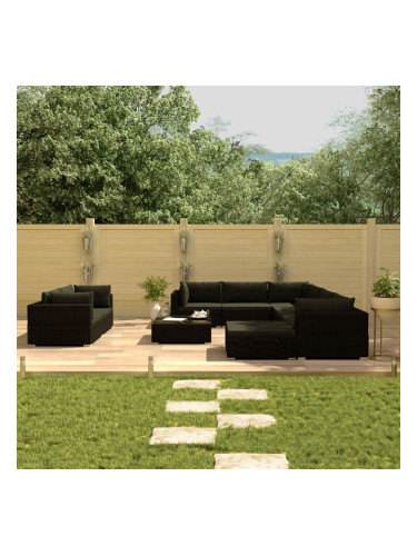 Sonata Градински комплект с възглавници, 10 части, черен полиратан