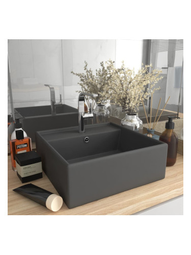 Sonata Мивка с преливник лукс квадрат тъмносив мат 41x41 см керамика