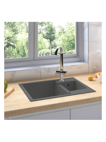 Sonata Кухненска мивка с преливник, двойно корито, сива, гранит