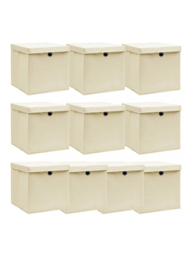 Sonata Кутии за съхранение с капаци 10 бр кремави 32x32x32 см текстил