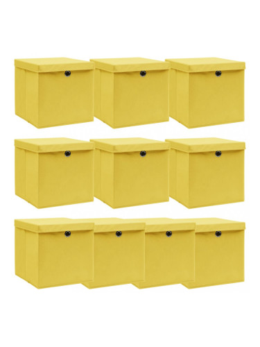 Sonata Кутии за съхранение с капаци 10 бр жълти 32x32x32 см текстил