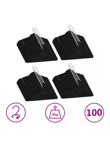 Sonata 100 бр Комплект закачалки за дрехи антиплъзгащи черно кадифе