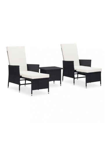 Sonata Градински лаундж комплект с възглавници 3 части черен полиратан