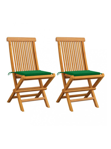 Sonata Градински столове със зелени възглавници 2 бр тик масив