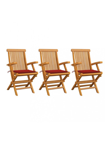 Sonata Градински столове с червени възглавници 3 бр тиково дърво масив