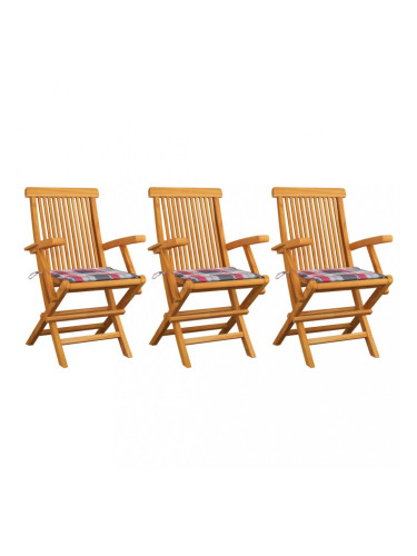 Sonata Градински столове с възглавници червено каре 3 бр тик масив