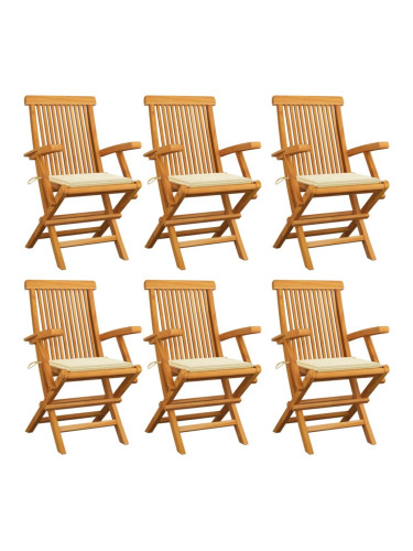 Sonata Градински столове с кремави възглавници 6 бр тиково дърво масив