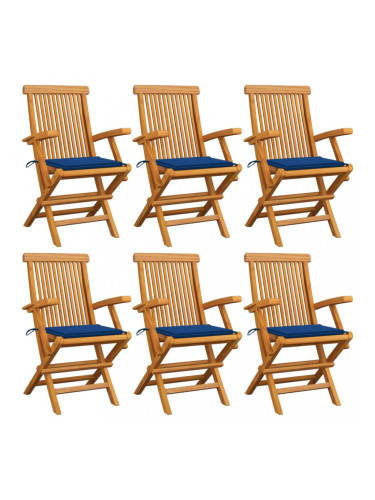 Sonata Градински столове със сини възглавници 6 бр тиково дърво масив