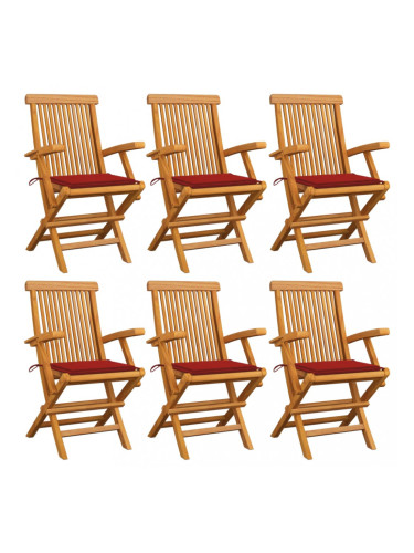 Sonata Градински столове с червени възглавници 6 бр тиково дърво масив