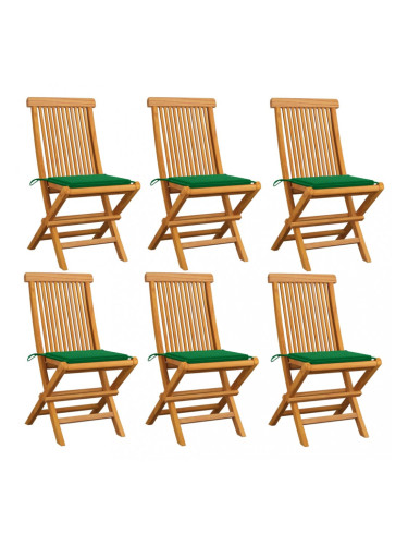 Sonata Градински столове със зелени възглавници 6 бр тик масив