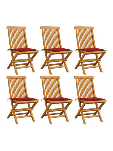 Sonata Градински столове с червени възглавници 6 бр тиково дърво масив