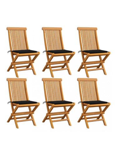 Sonata Градински столове с черни възглавници 6 бр тиково дърво масив