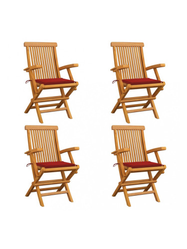 Sonata Градински столове с червени възглавници 4 бр тиково дърво масив