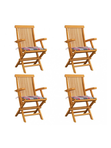 Sonata Градински столове, възглавници с червено каре, 4 бр, тик масив