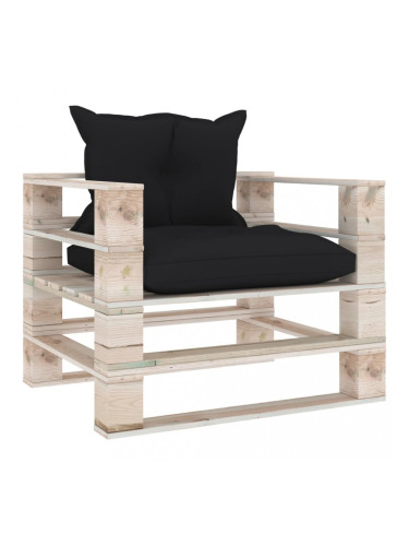 Sonata Градински палетен диван с черни възглавници, борово дърво