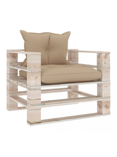 Sonata Градински палетен диван с бежови възглавници, борово дърво