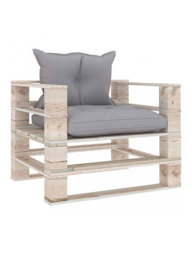 Sonata Градински палетен диван със сиви възглавници, борово дърво