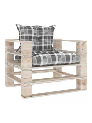 Sonata Градински палетен диван с възглавници на сиво каре, бор