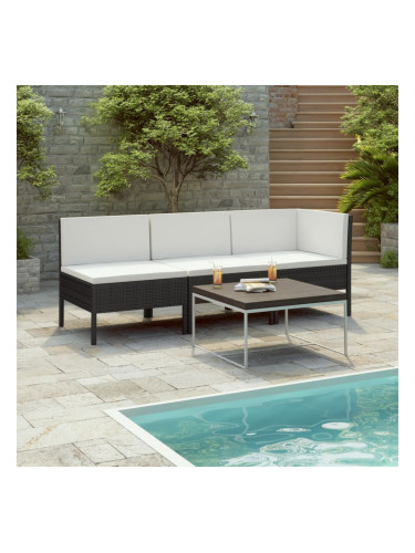 Sonata Градински комплект с възглавници, 3 части, полиратан, черен