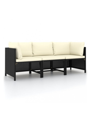 Sonata 3-местен градински диван с възглавници, черен полиратан