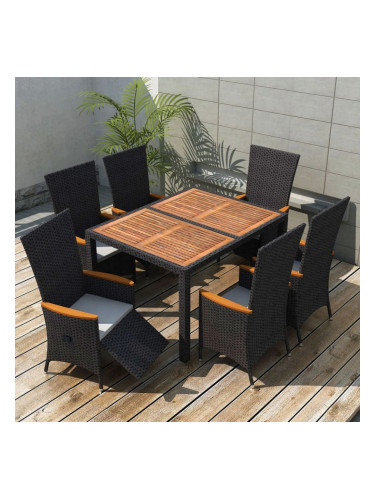 Sonata Градински трапезен комплект, 7 части, полиратан, акация, черен