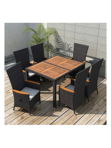 Sonata Градински трапезен комплект, 7 части, полиратан, акация, черен